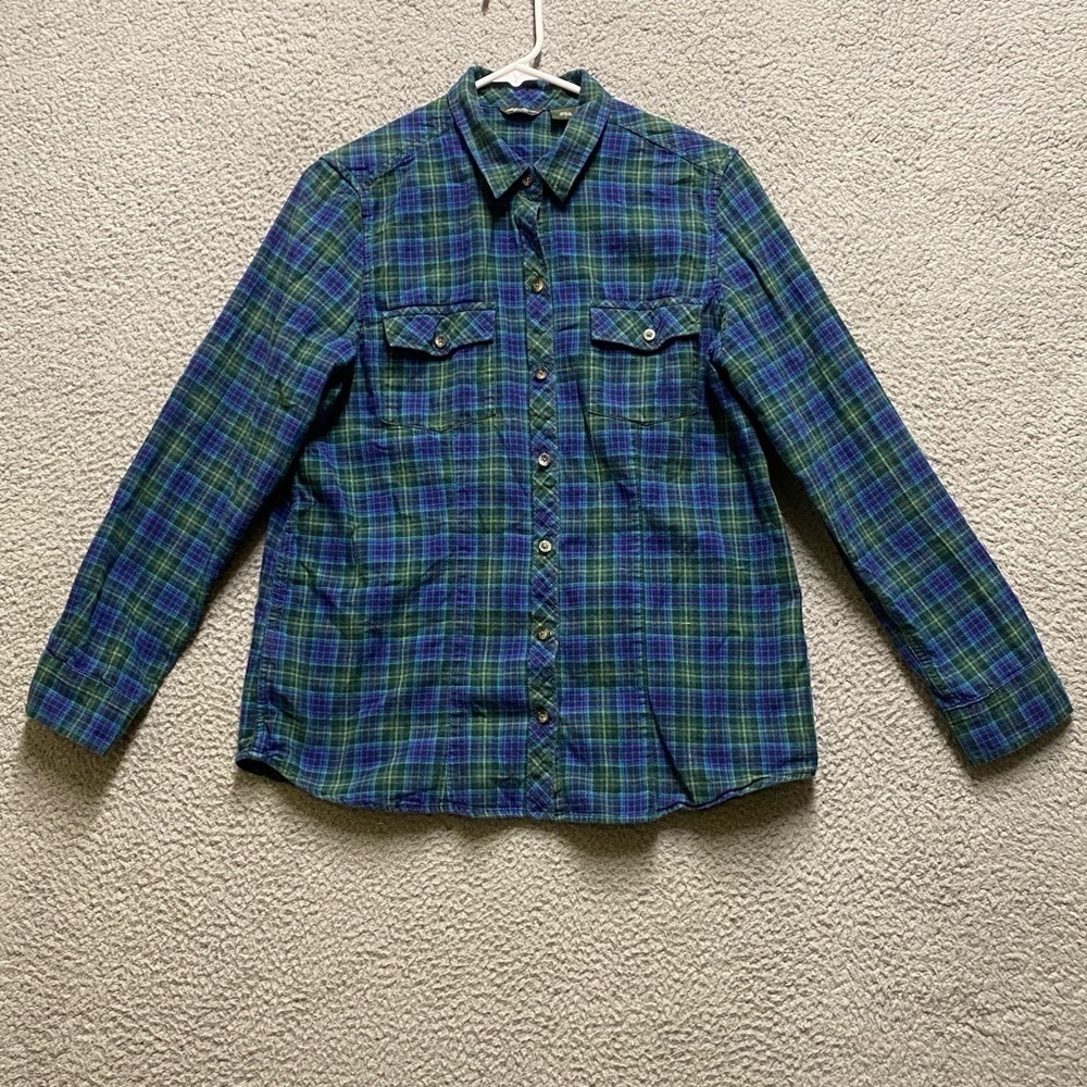 Eddie Bauer Shirt Mens Large Green Blue Plaid Button Up Long Sleeve Flannel